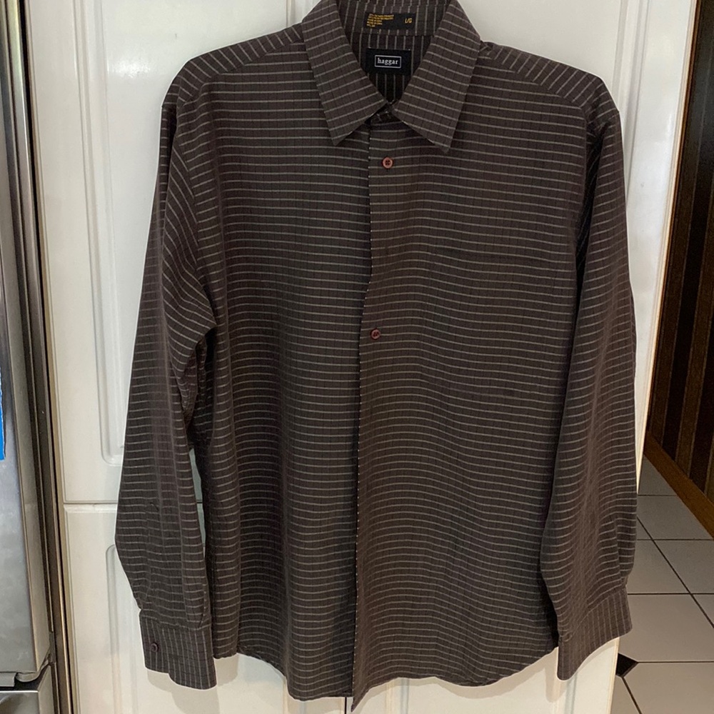 Haggar Chocolate Brown/ Black & Light Brown Striped Men’s Dress Shirt-Size L